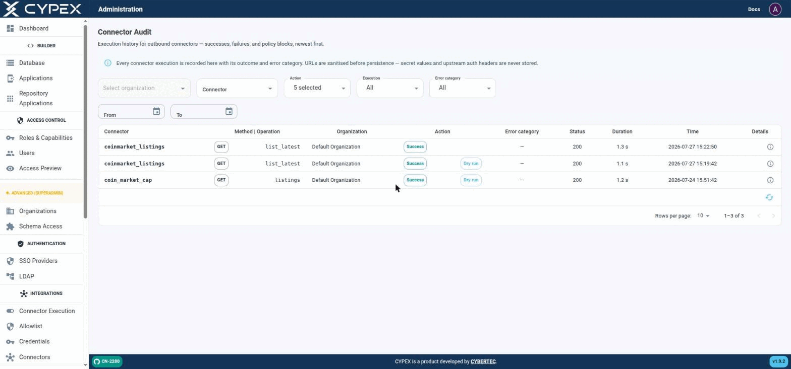 Live executions (no tag) sit alongside Dry run executions from the builder's Fetch sample / Test response mapping. Both are the same audit trail, distinguished only by the Dry run tag.