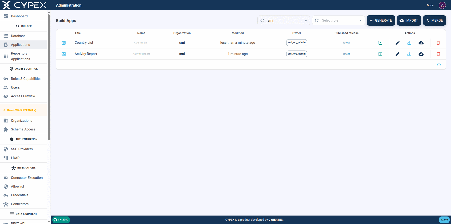 The Applications page lists every app currently deployed on the system. Each row exposes generate, render, launch, delete, and import actions.
