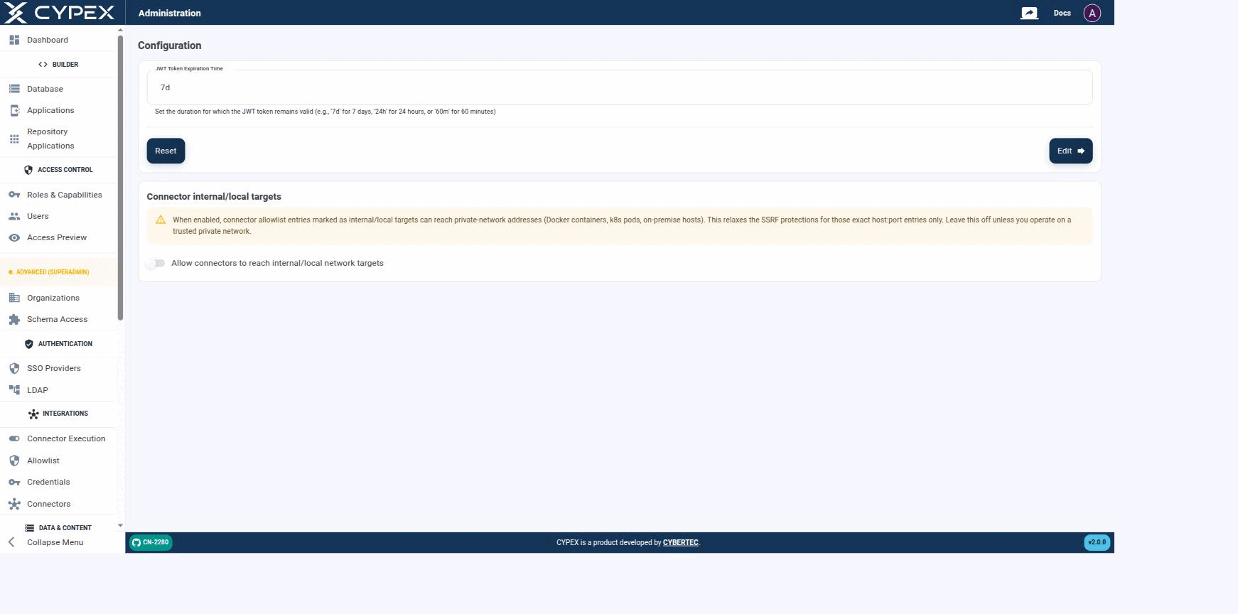 Session length and Connector internal/local targets are the two instance-wide settings exposed here.