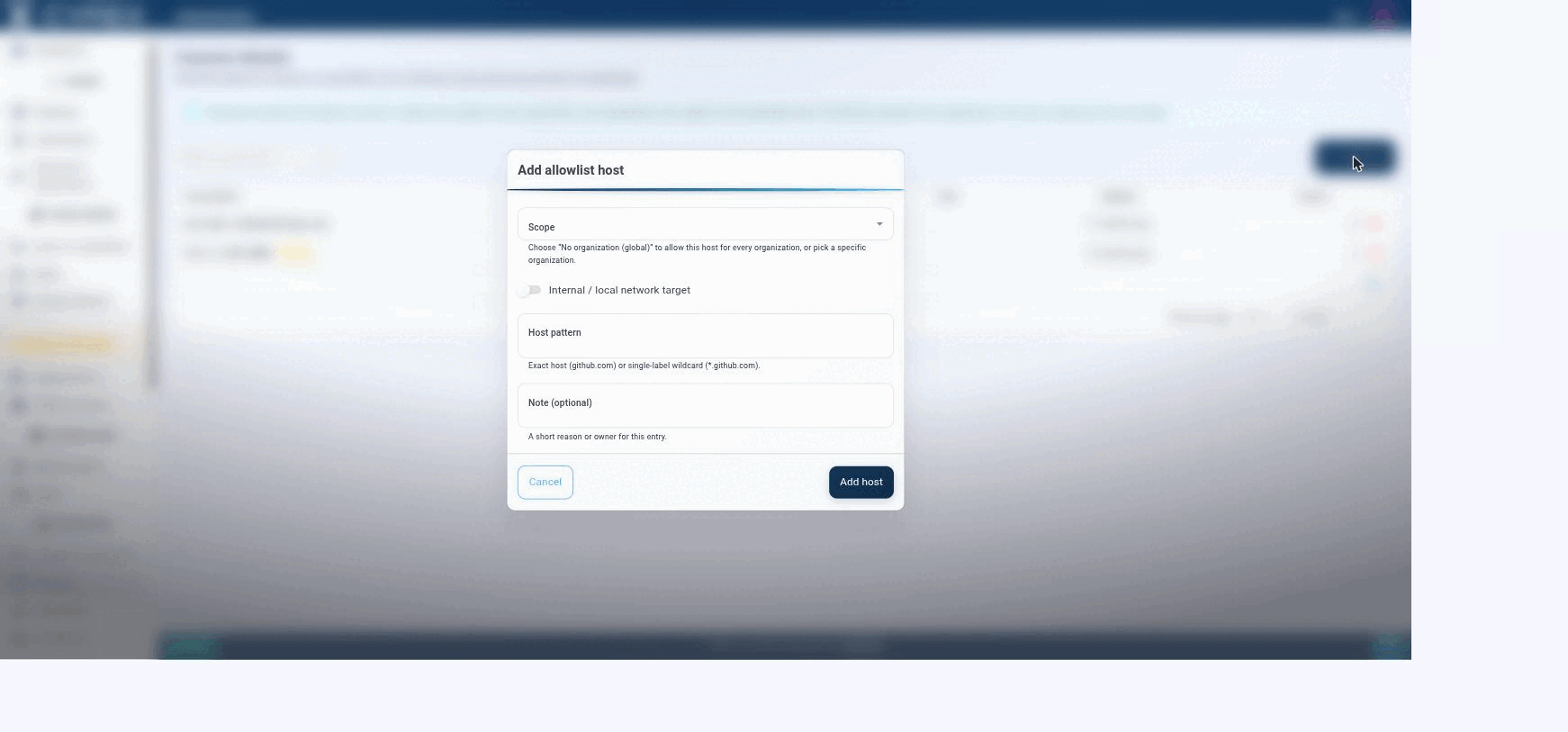Choose a Scope (No organization = global, or pick a specific organization), a Host pattern (exact host or single-label wildcard, e.g. *.github.com), and an optional Note.