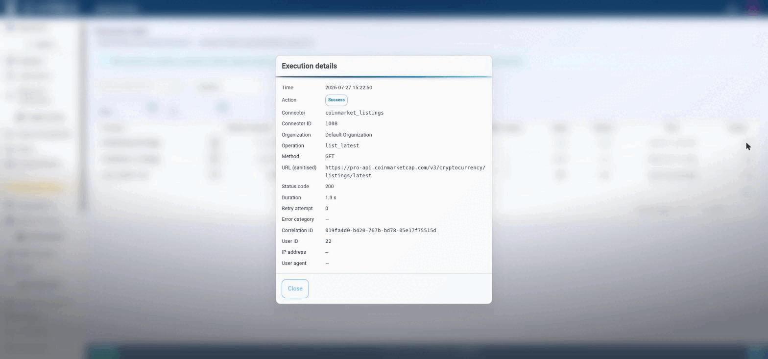 Correlation ID 019fa4d0-b420-767b-bd78-05e17f75515d matches the one returned in the execute response — use it to cross-reference a specific call end to end.
