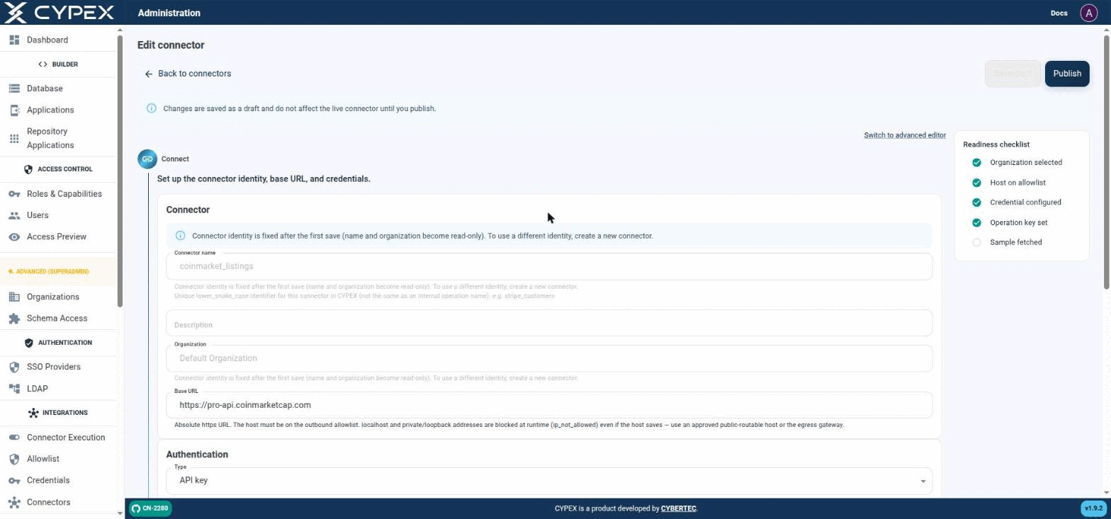 Organization, Credential, and Operation key resolve as soon as fields are filled. Host on allowlist only turns green after clicking Test connection — typing the URL alone isn't enough.