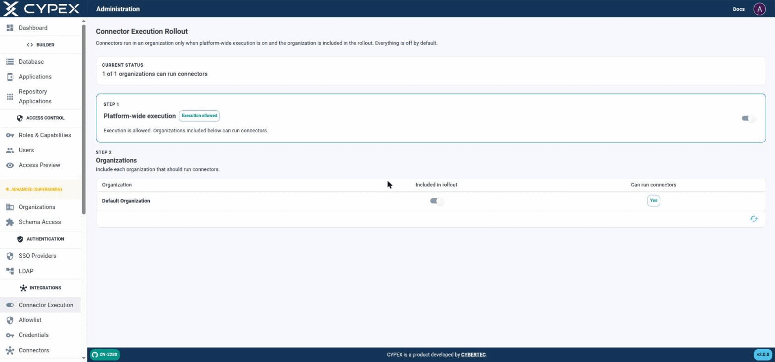 Everything is off by default. A published, fully-tested connector still won't run for real users until both switches here are on.