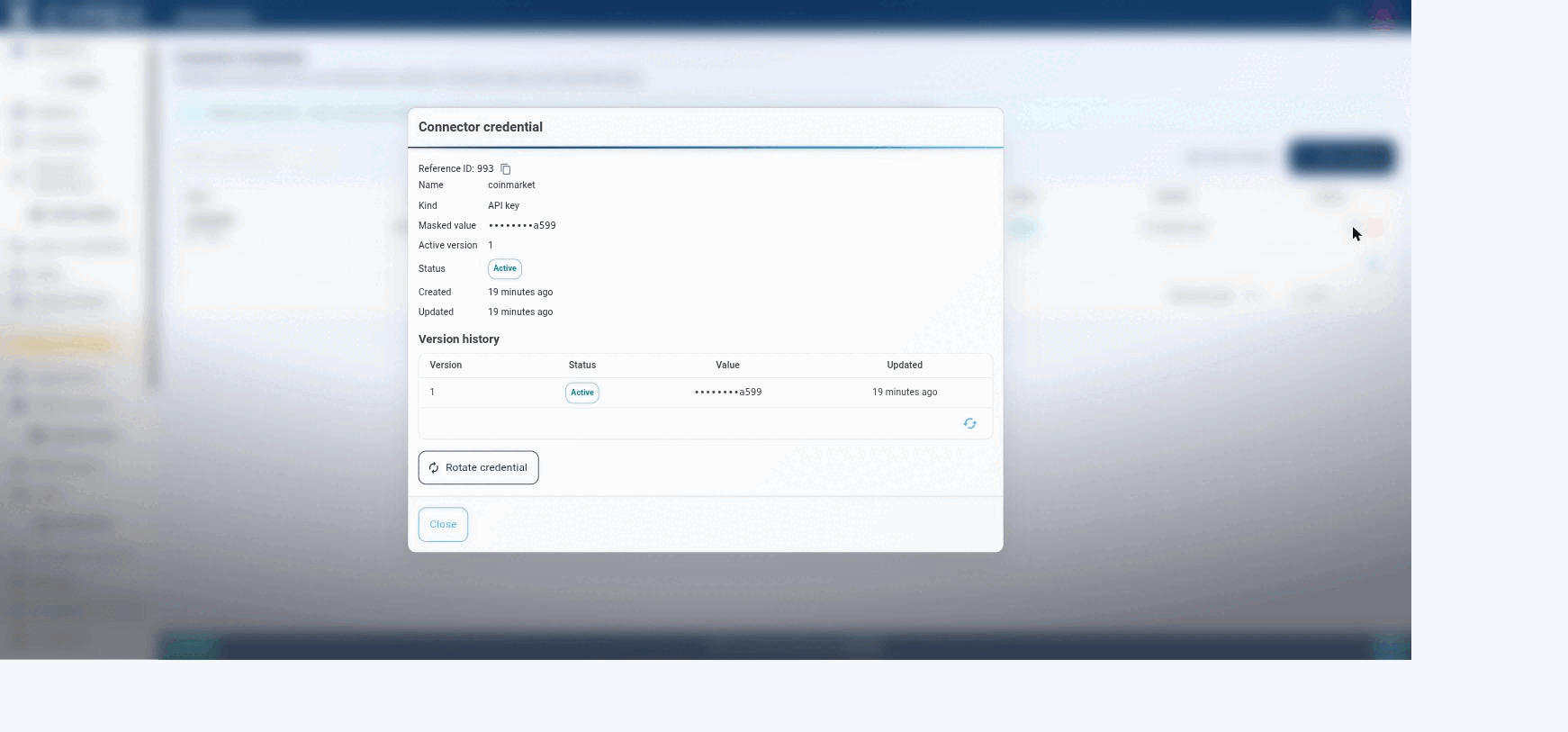 Every field here is masked or metadata only — rotating creates a new version while the connector keeps referencing the same credential name.