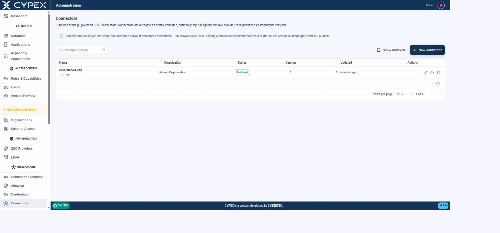 Name, Organization, Status (e.g. Published), Version, and when it was last updated. Check Show archived to include retired connectors.