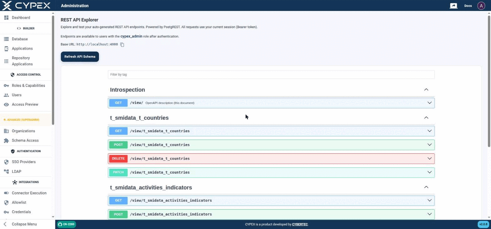 Endpoints are grouped by table. Use Filter by tag to narrow the list, or Refresh API Schema after adding a new query.