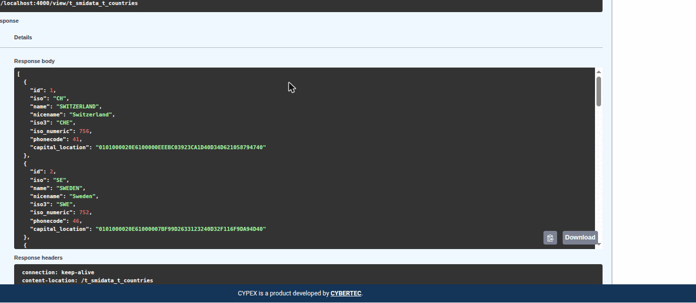 A live GET response from /view/t_smidata_t_countries: status 200, response body, and response headers.