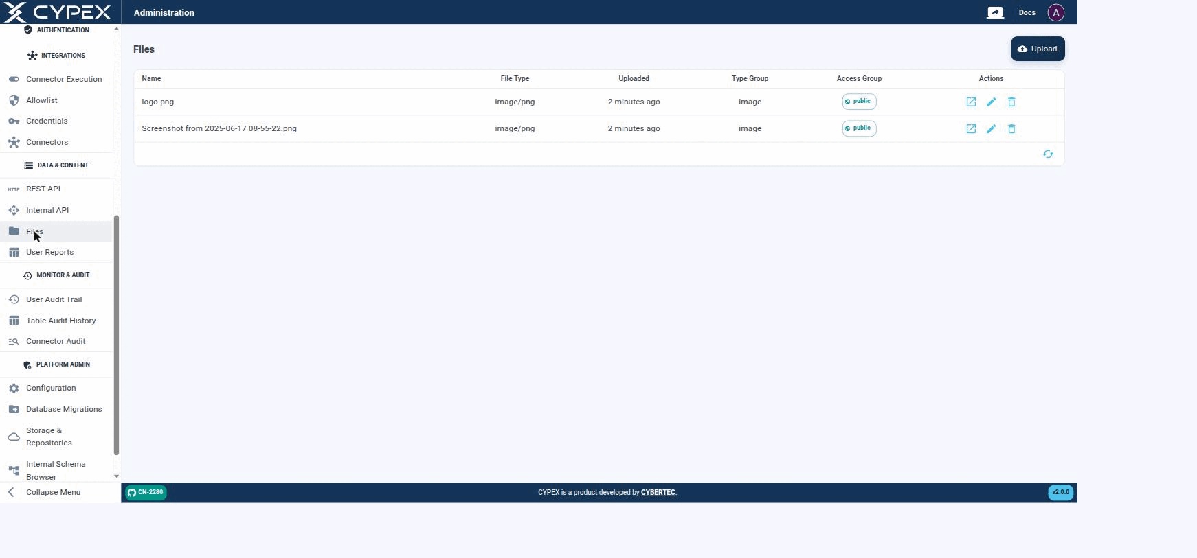 Each file shows its Access Group (Public/Private). Use the Actions column to open, edit, or delete a file.