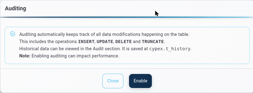 Enabling auditing deploys the tracking infrastructure automatically. Historical data is saved to cypex.t_history and can be reviewed in the Audit section. Enabling auditing can impact performance.