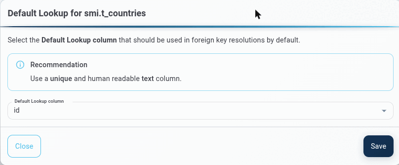 Selecting the Default Lookup column for smi.t_countries. CYPEX recommends a unique, human-readable text column.