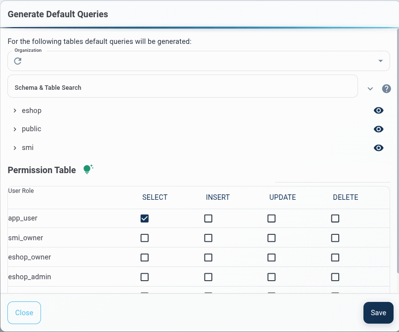 Bulk-generate default queries across schemas. Only tables that do not yet have a default query are listed, and schemas hidden with the eye icon are left out of the run.
