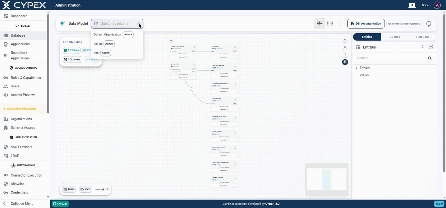 Picking an organization scopes the ER canvas, and the Organization field on Generate Default Query / Generate Default Queries, to that tenant.