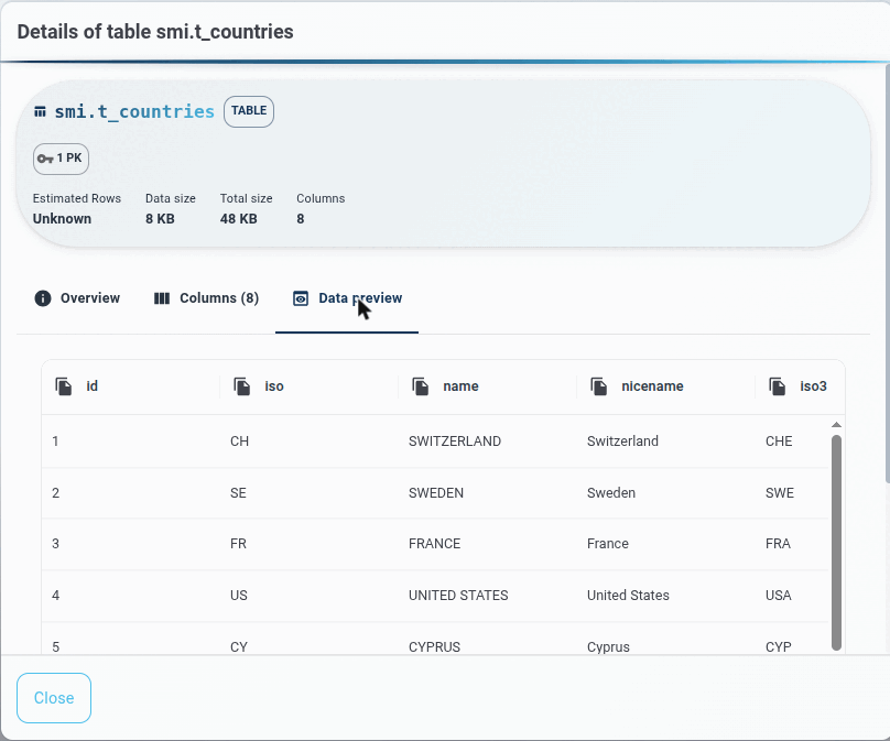 A read-only preview of the table's rows, useful for getting a feel for the data before writing a query.