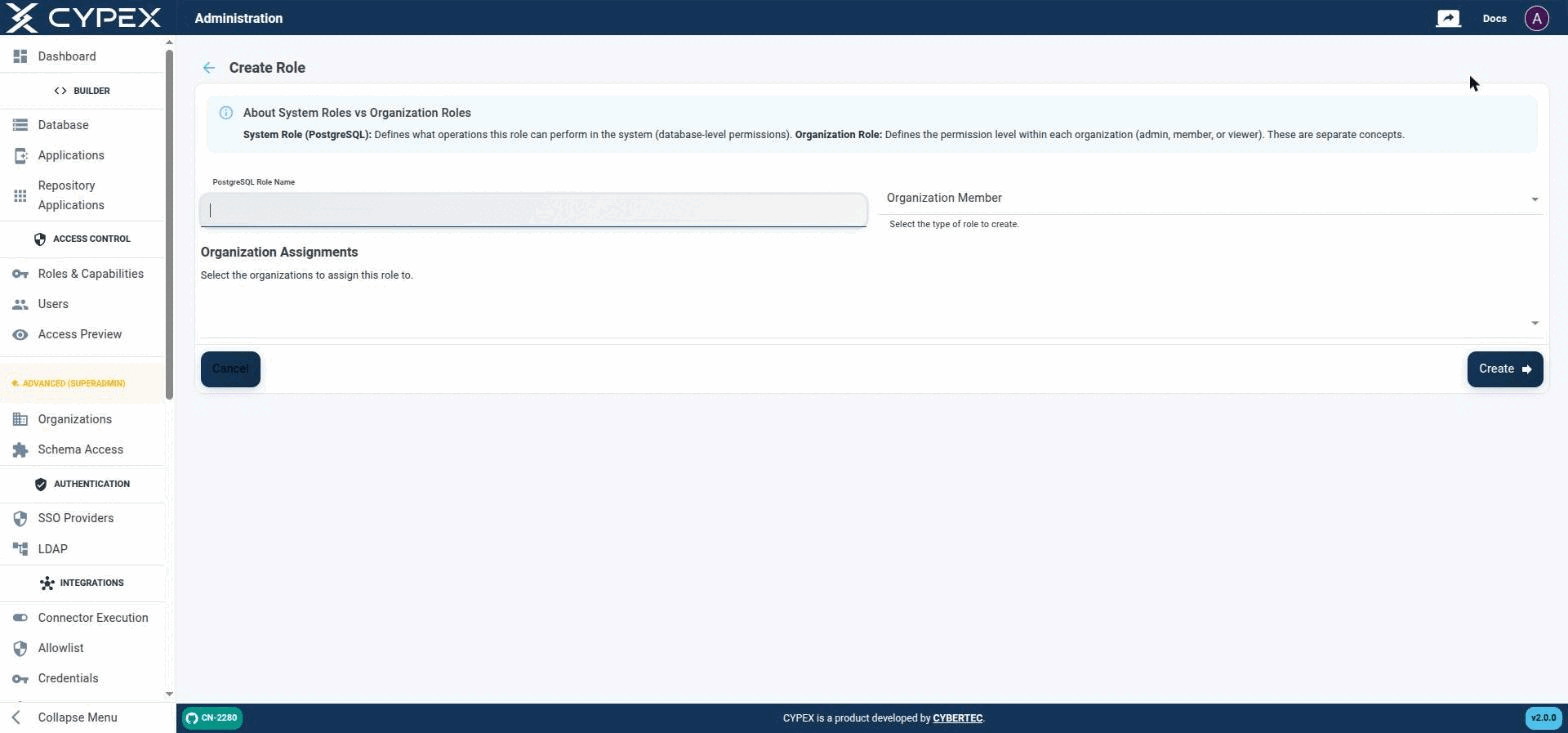 System Role (PostgreSQL) defines what operations the role can perform; Organization Role defines the permission level within each organization. These are separate concerns.