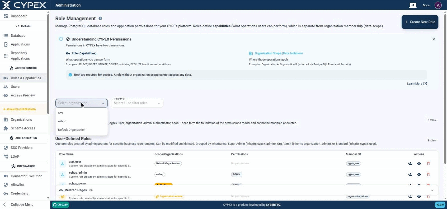 Scoping the role list to a specific organization (smi, eshop, or the Default Organization).