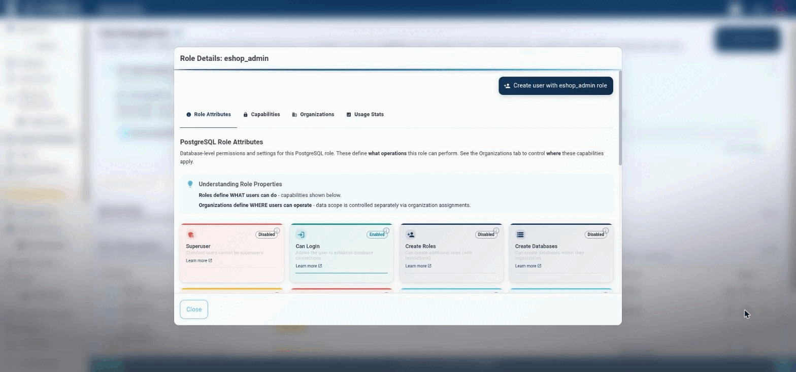 PostgreSQL role attributes (Superuser, Can Login, Create Roles, Create Databases, …) define what this role can do at the database level.