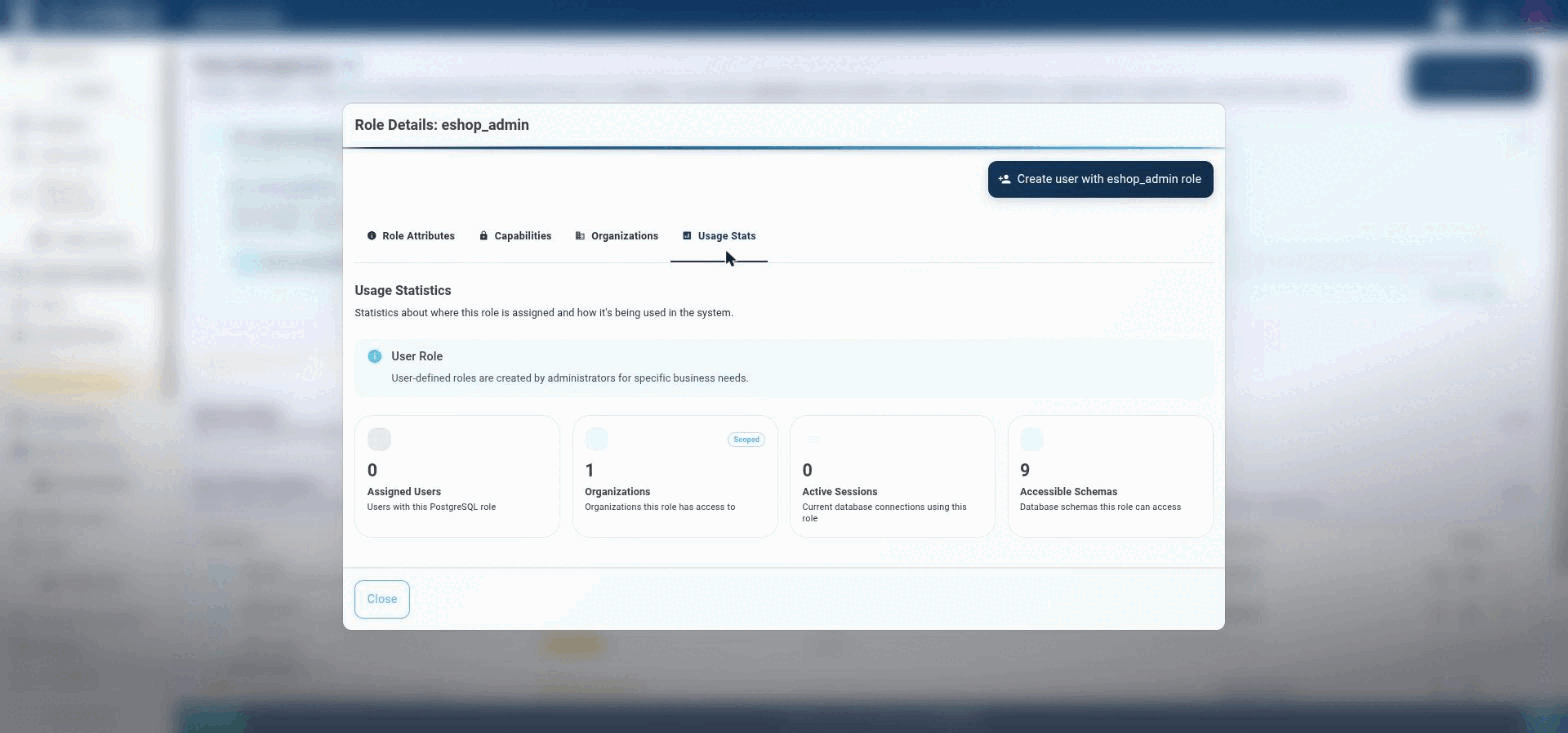 At-a-glance counts: Assigned Users, Organizations (Scoped), Active Sessions, and Accessible Schemas.