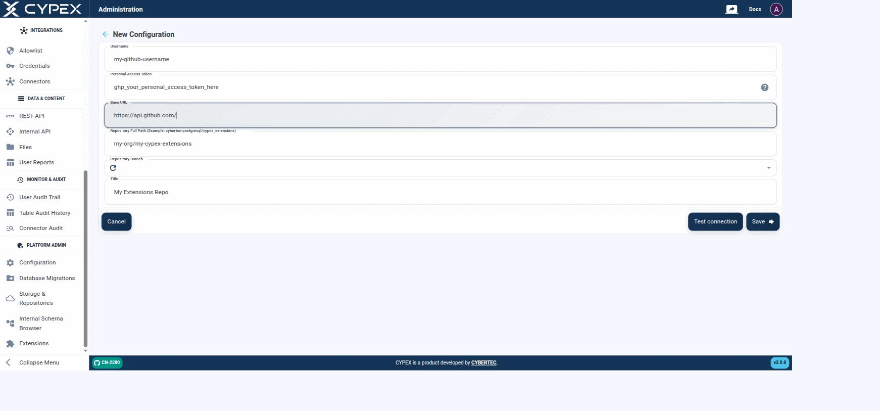 Username, Personal Access Token, Base URL, Repository Full Path, Repository Branch, and a display Title. Test connection validates the credentials before saving.