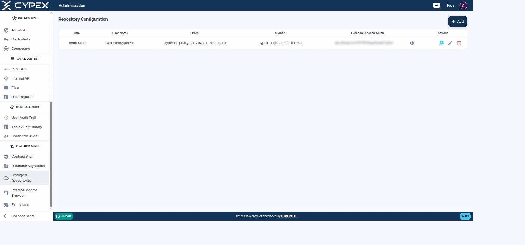 Configured repositories list their Title, User Name, Path, Branch, and a masked Personal Access Token. Actions let you test the connection, edit, or delete a repository.