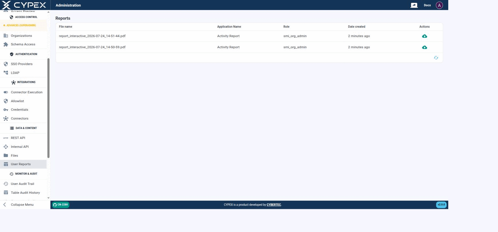 Each generated report shows its File name, the Application Name and Role that produced it, and when it was created. Click the download icon to retrieve the PDF.