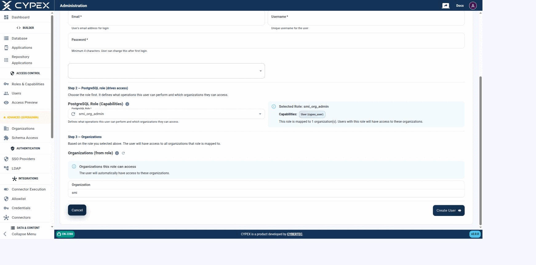 Selecting smi_org_admin shows its capabilities (cypex_user) and the organization(s) it is mapped to (smi) — filled in automatically for Step 3.