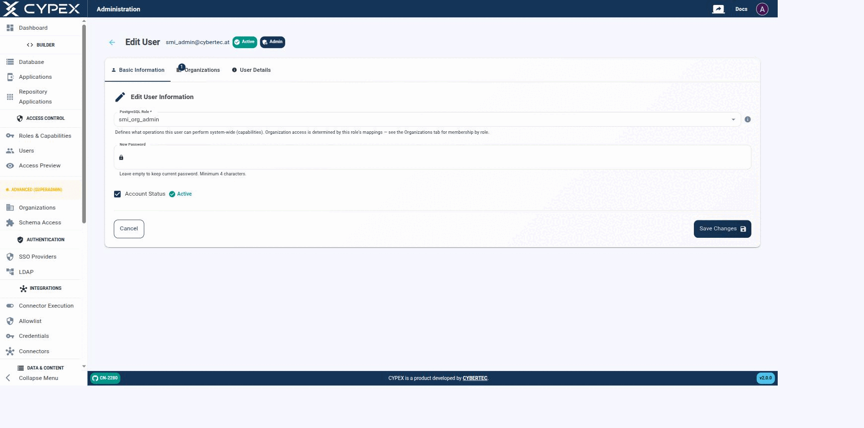 Change the PostgreSQL role, set a new password, or toggle Account Status (active/inactive).