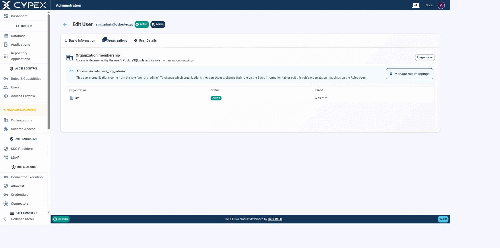Access is determined by the user's PostgreSQL role and its role → organization mappings. Manage role mappings jumps to the Roles page to change them.