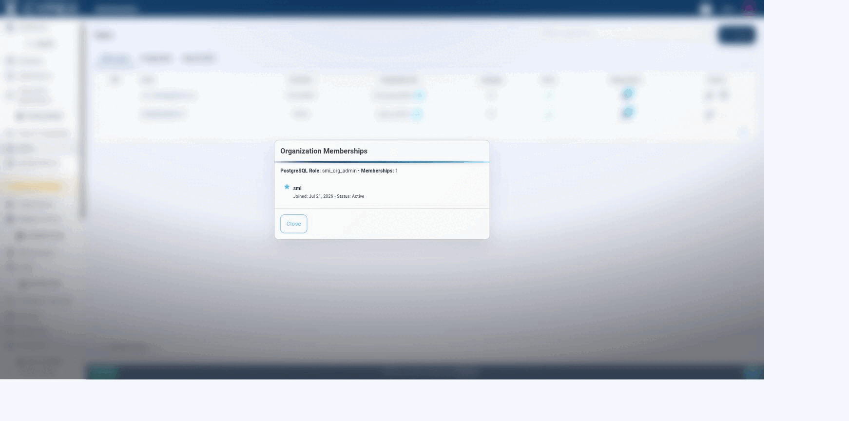 A user's organization memberships, including join date and status, come from the mappings of their PostgreSQL role.