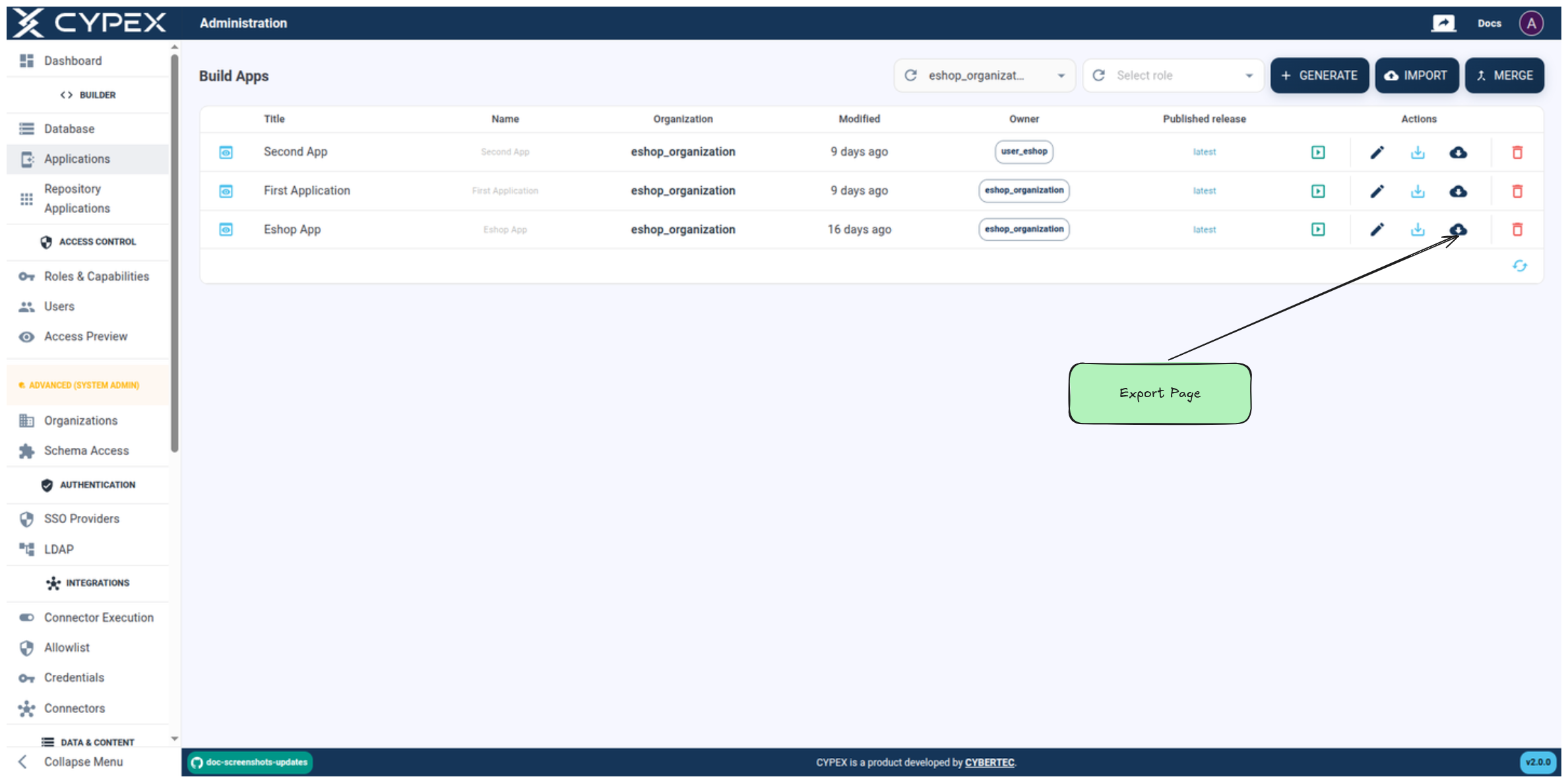 Click the export icon next to the application name to start the export process