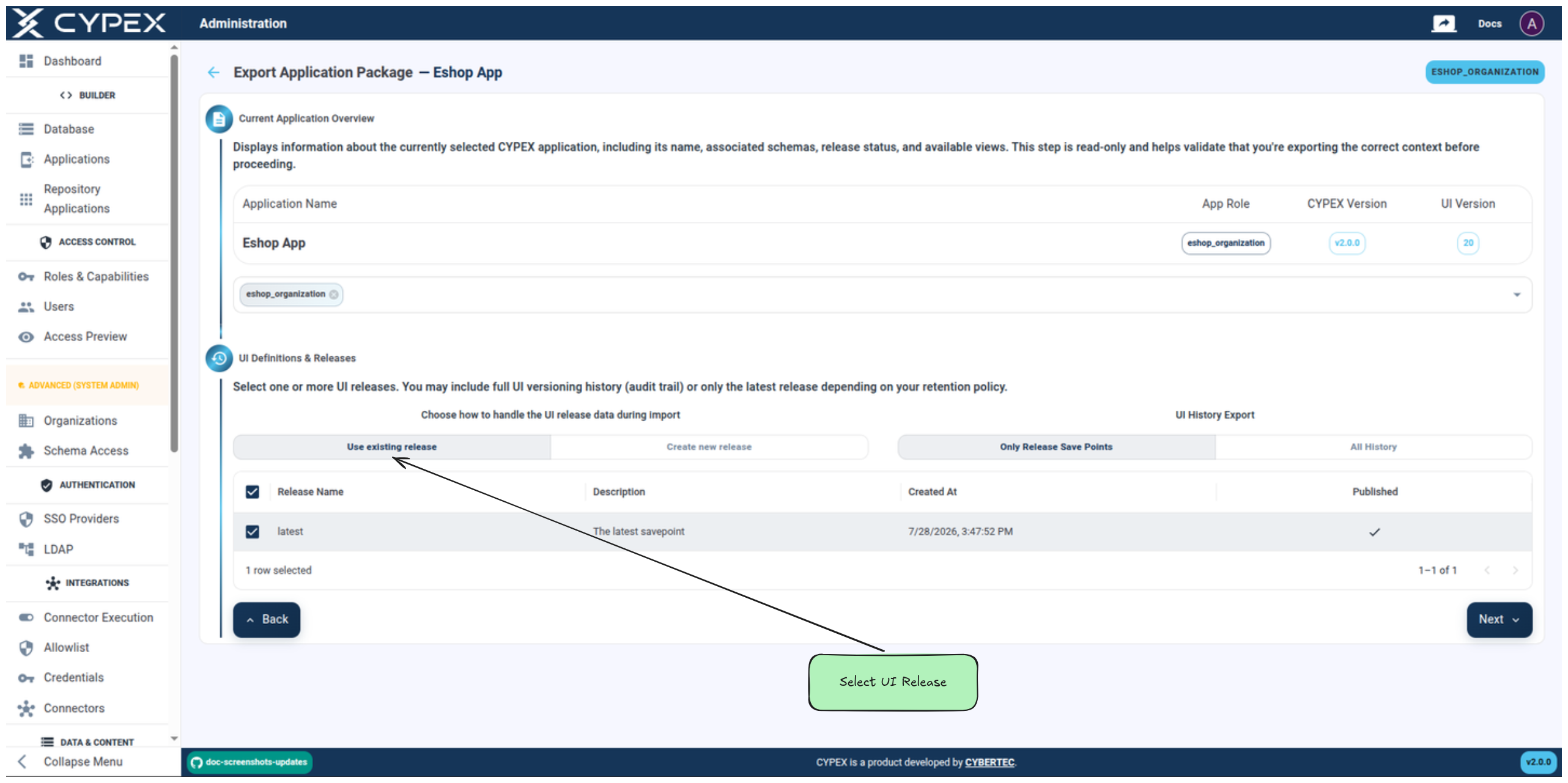 Select an existing release or create a new one for the export