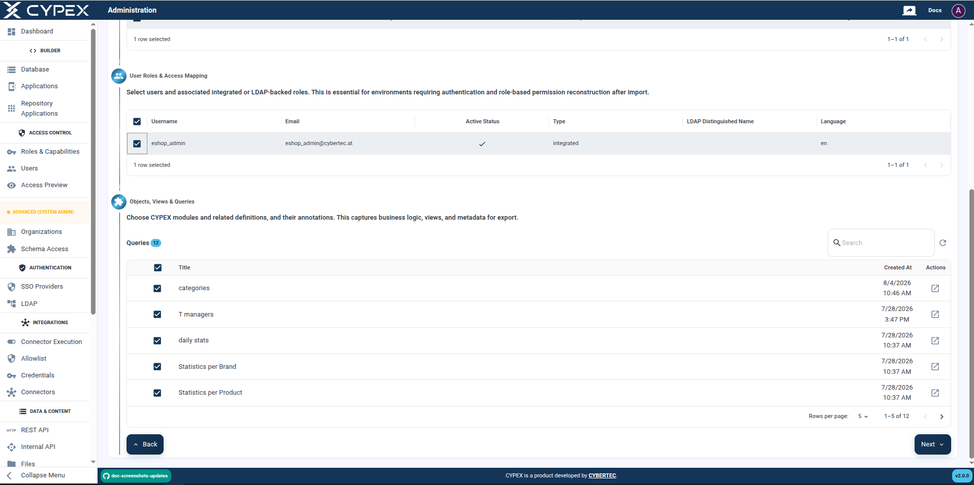 Select which application components to include in the export package