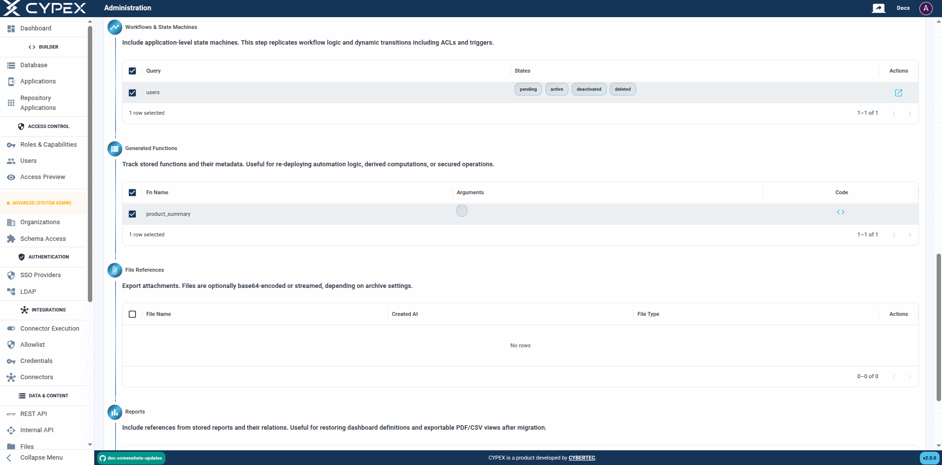 Scroll down to configure additional components: workflows, functions, files, and reports