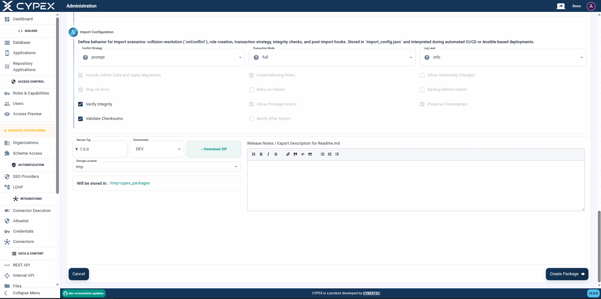 Provide version information, environment, and optional notes for the export