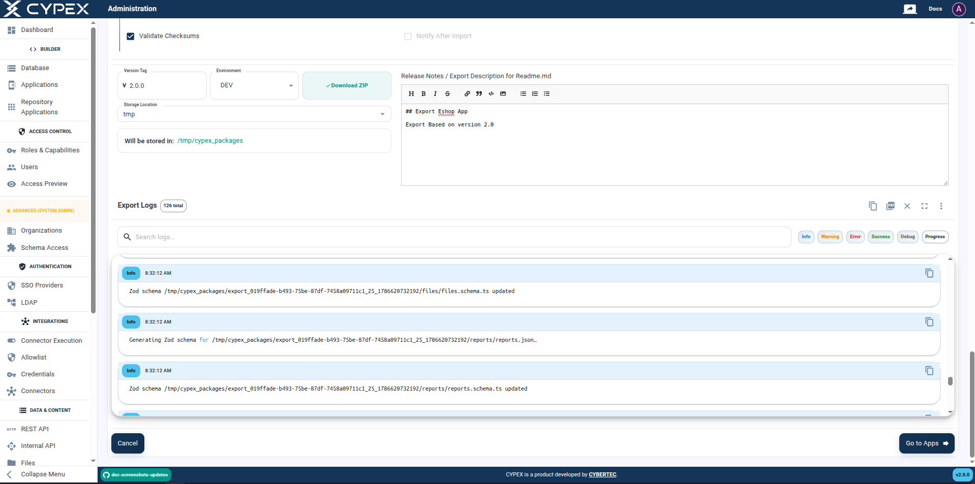 Monitor export progress in real-time through the log stream with detailed progress messages