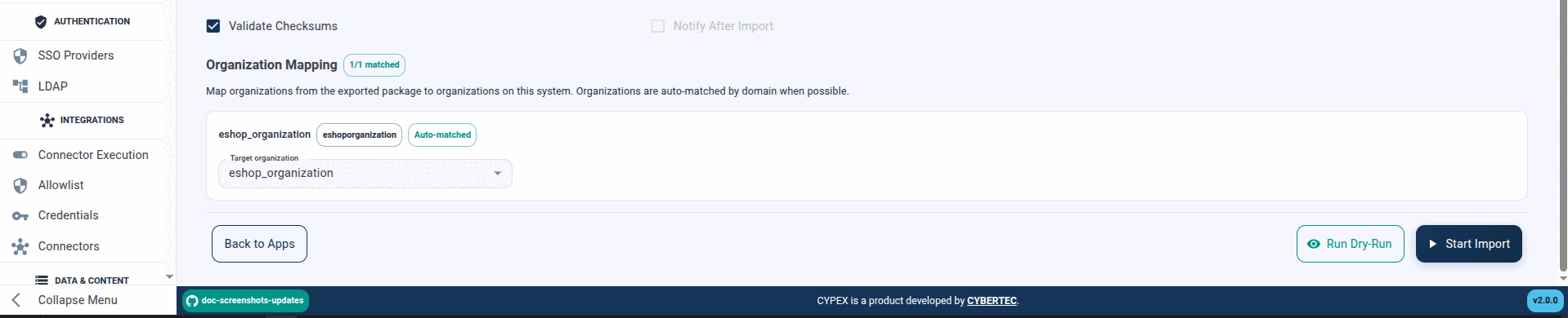 Scroll down to review organization mapping, then run a dry-run or start the import
