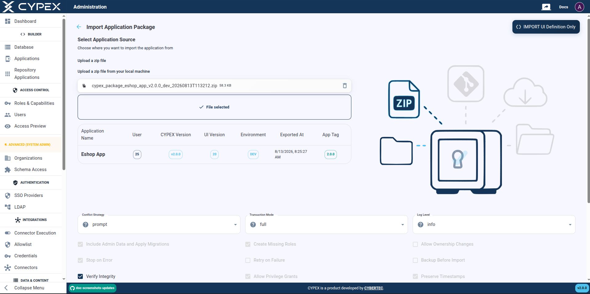 Upload an export package ZIP file from your computer