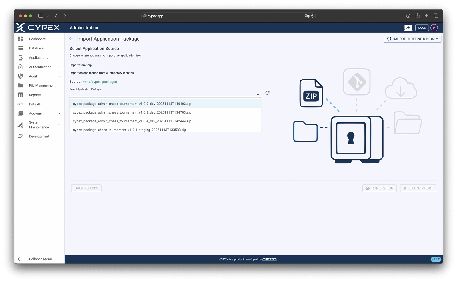 Select an export package from the server's temporary directory