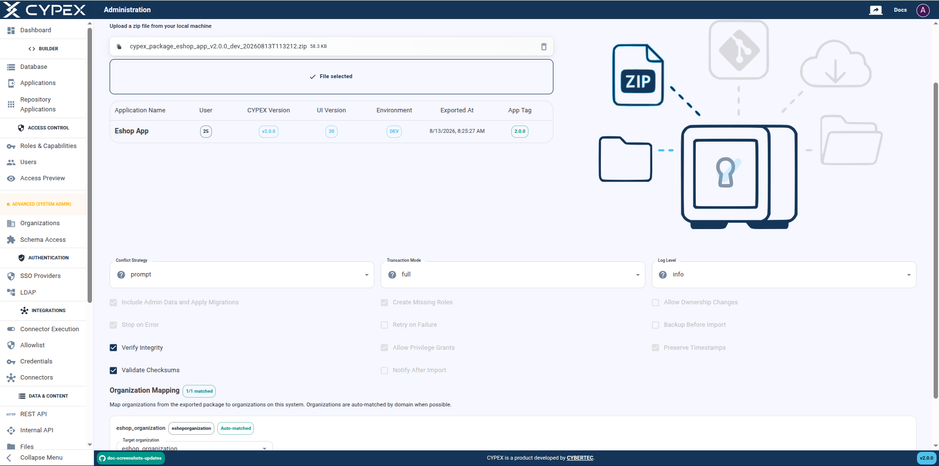 Review application metadata, export details, and package contents before proceeding