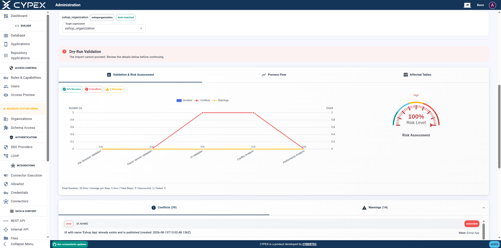 Review validation results showing conflicts, warnings, and recommendations