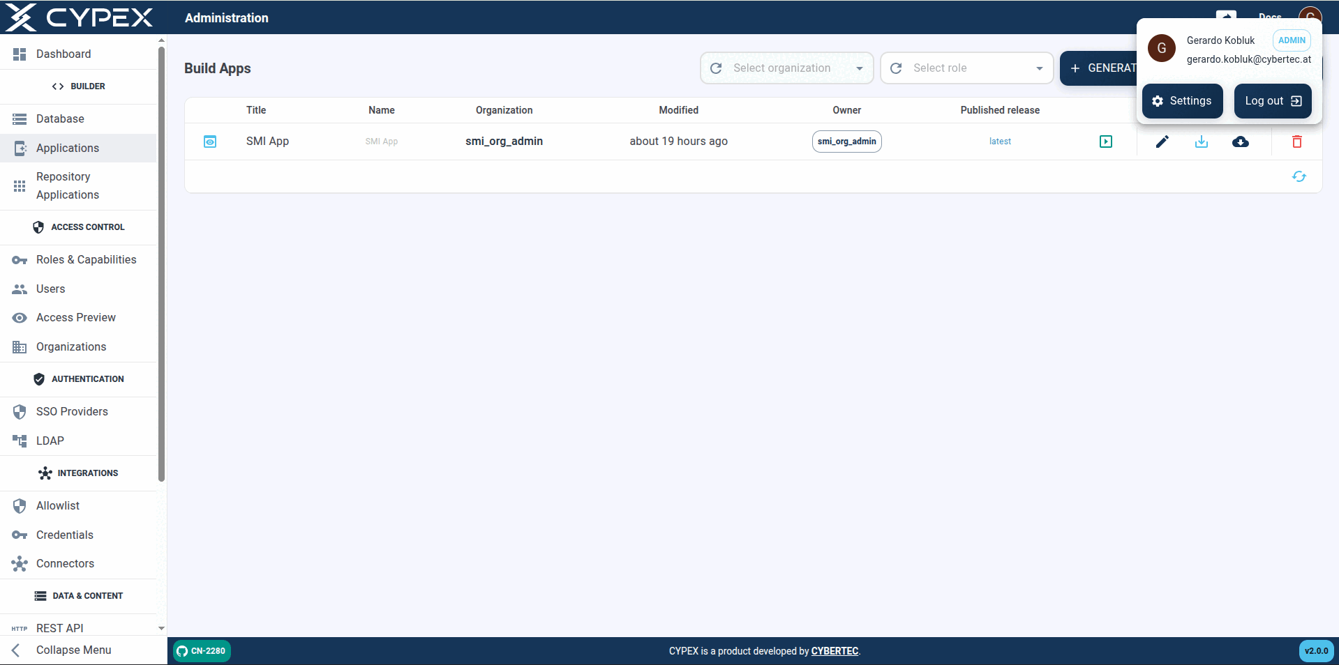The same list, seen by an organization admin scoped to the smi_org_admin organization: only SMI App is visible. The sidebar still offers Organizations — organization admins can view it — but not Schema Access, which is reserved for system admins.