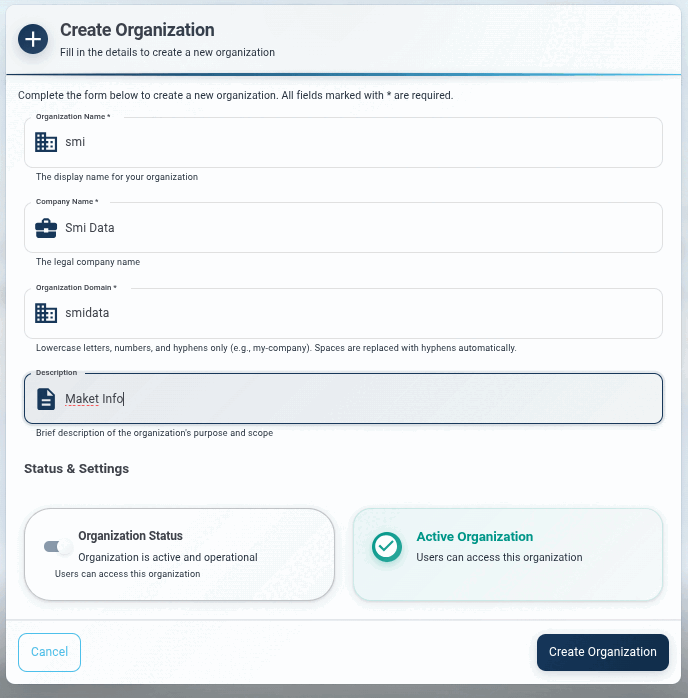 The Create Organization form, with Organization Name, Company Name, Organization Domain, Description, and Organization Status.