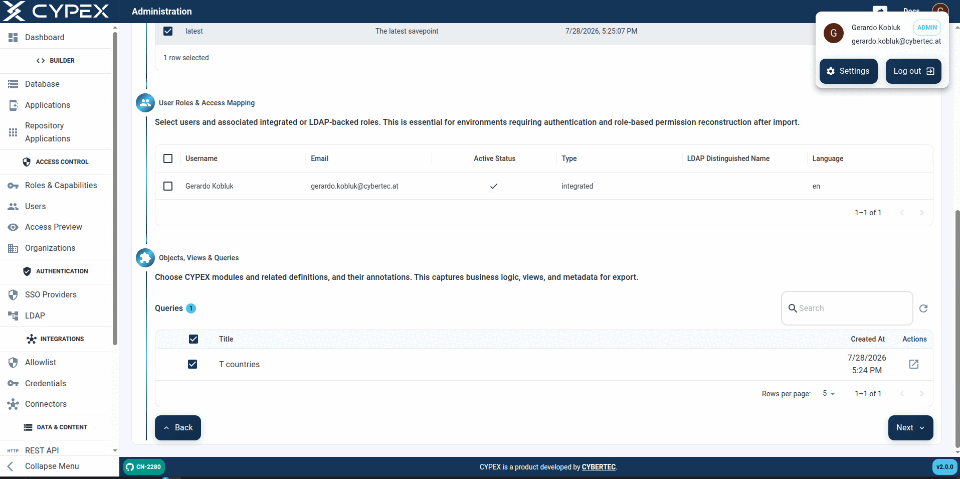Exporting the same kind of app as an organization admin: Queries drops from 12 to 1 — only the query reachable from the caller's own organization survives.