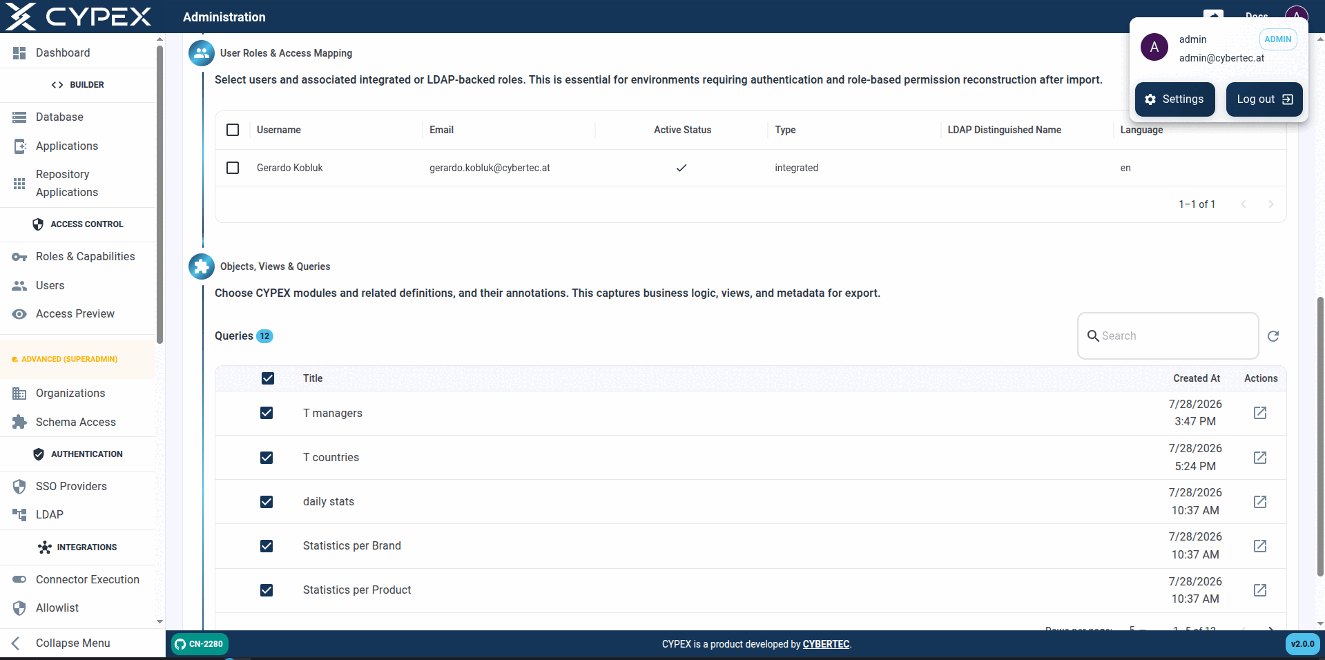 Exporting as a system admin: Queries shows all 12 queries the app's role has access to across every organization it's mapped to.