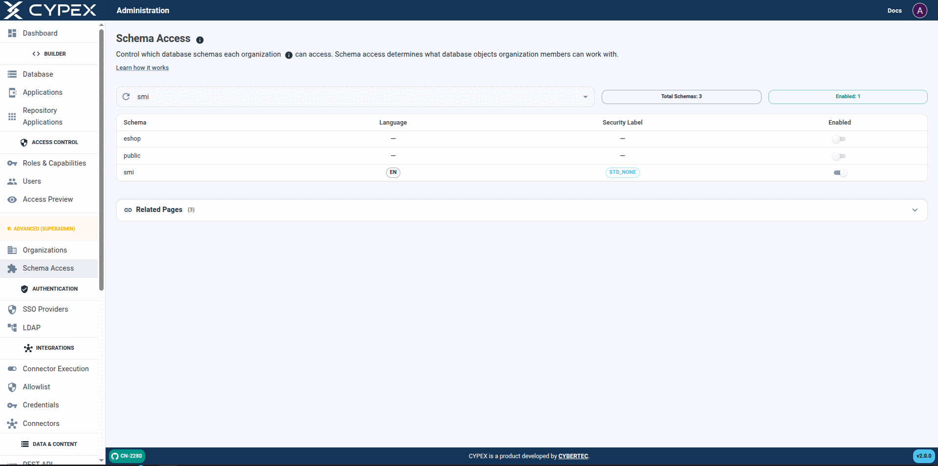 Adding a module/schema to an organization in the Schema Access editor.