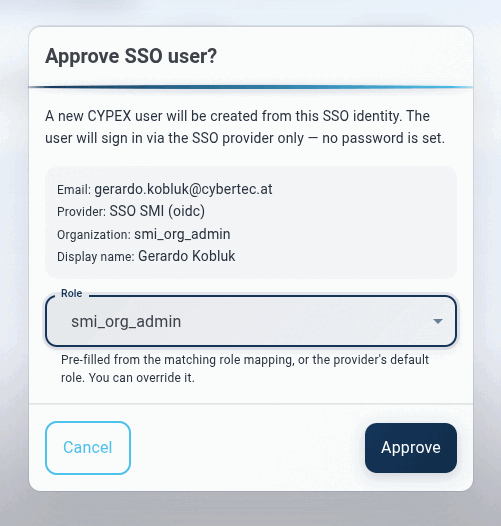 Role is pre-filled from a matching t_sso_role_mapping rule, or the provider's default_role as a fallback hint — always editable before approving.