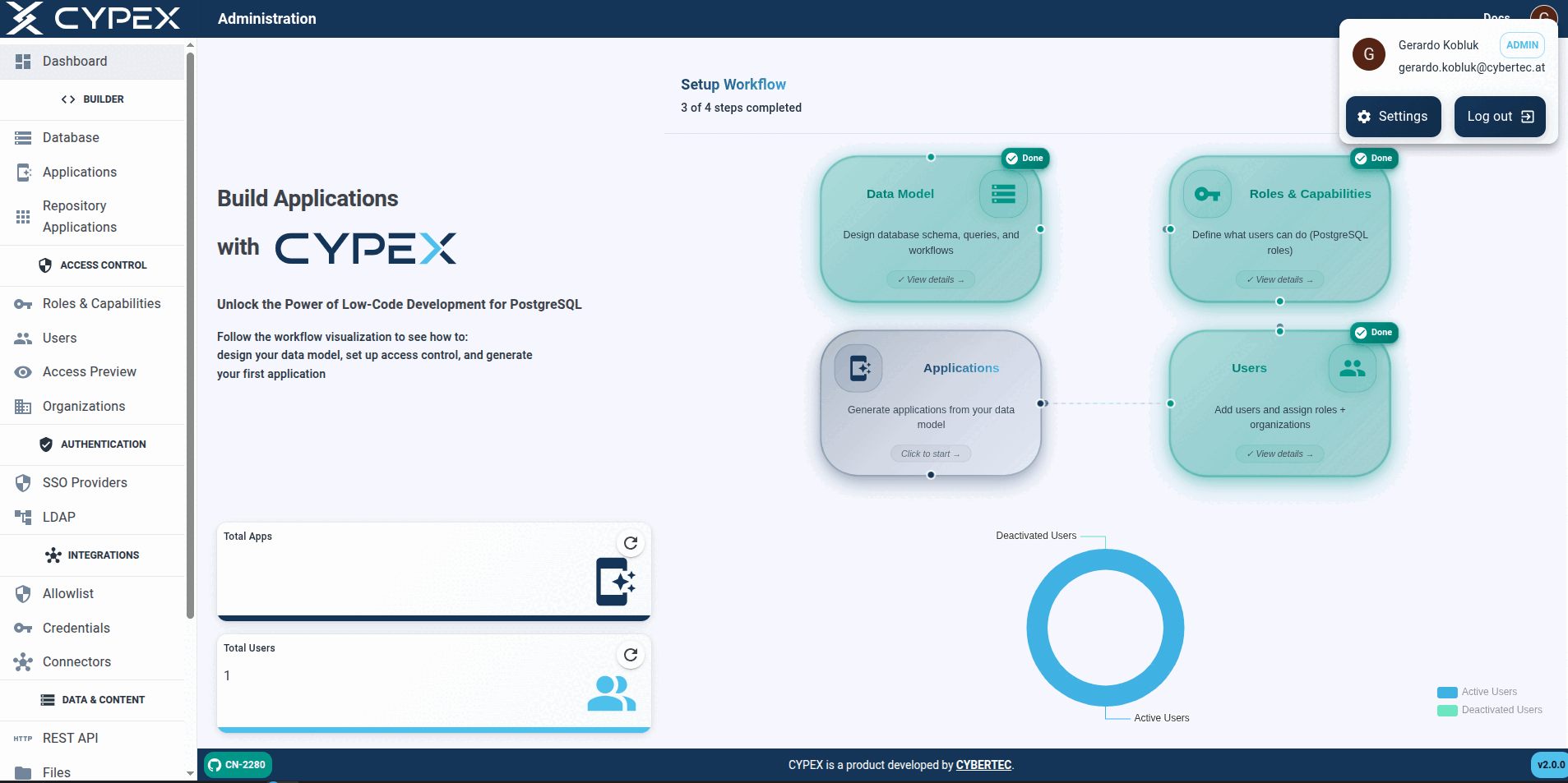 Signed in as the newly-provisioned user, role badge in the top-right matching the role chosen at approval.