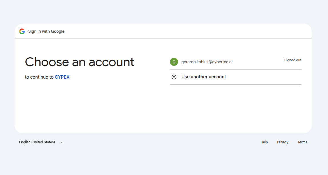 The identity provider's own account chooser, shown here for Google. Nothing on this screen is CYPEX UI.