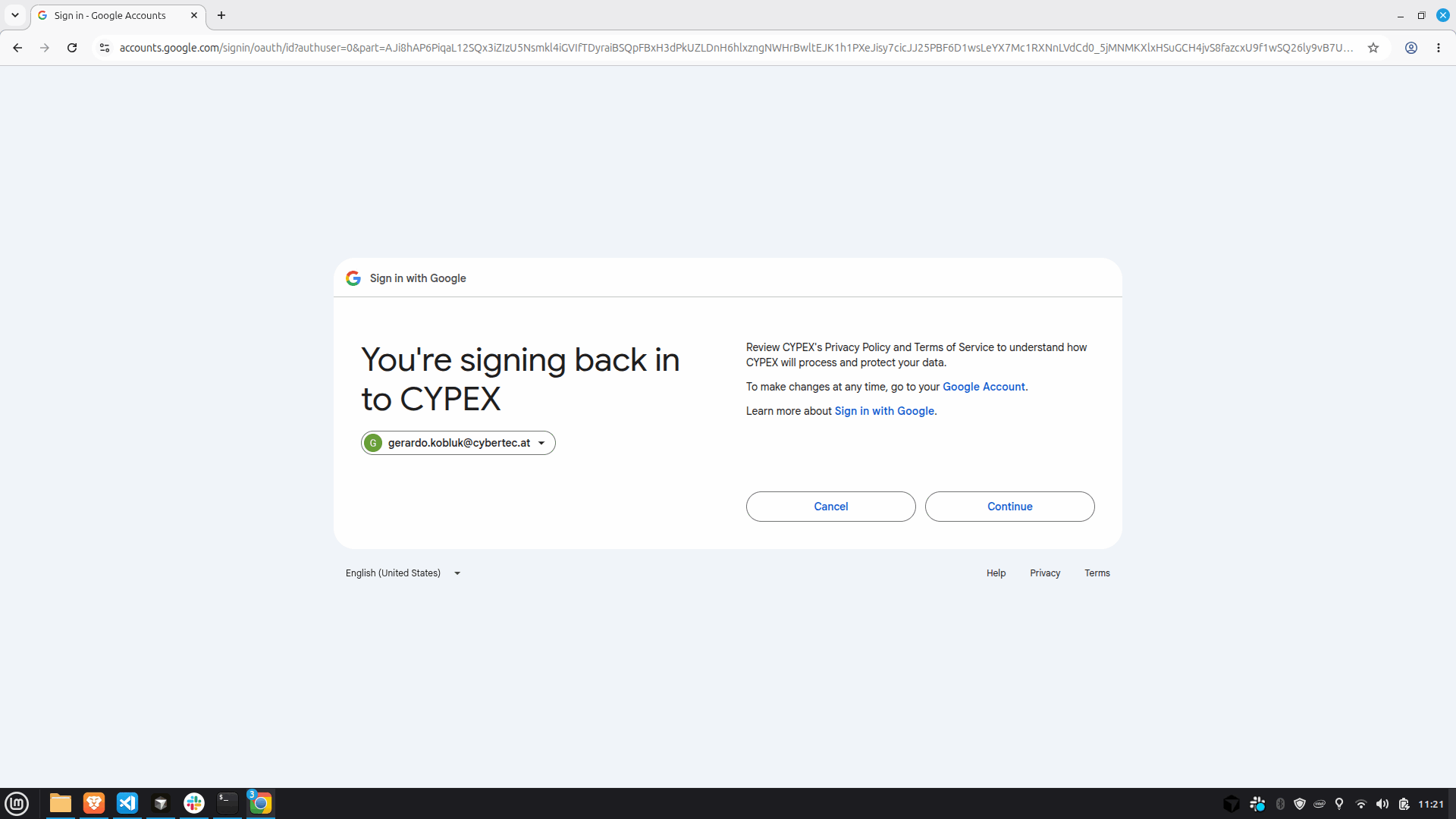 Standard OAuth2 consent. Continue redirects back to CYPEX's callback URL with an authorization code.
