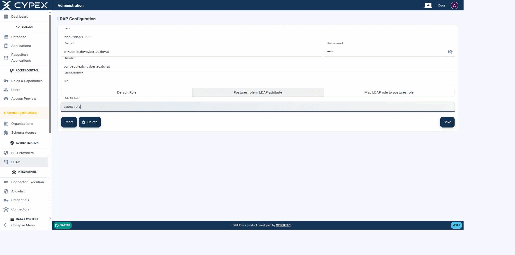URL, Bind dn, Bind password, Base dn, and Search Attribute, filled with example values pointing at a local test directory.