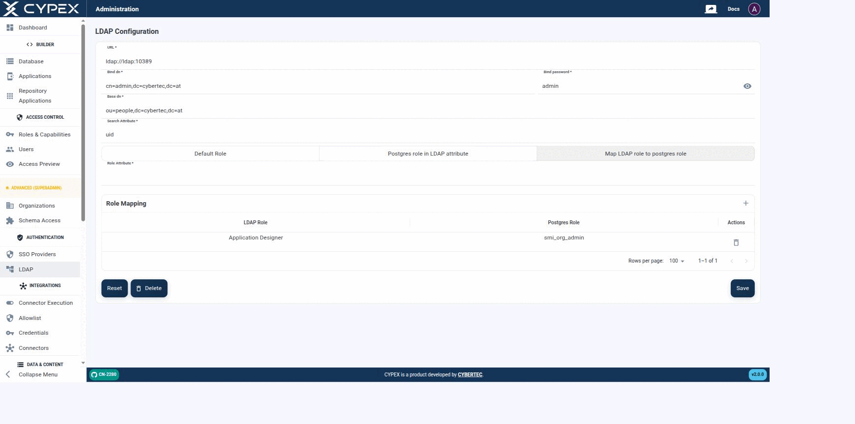 Mapping the LDAP group 'Application Designer' to the CYPEX role smi_org_admin. Add more rows with the + icon.